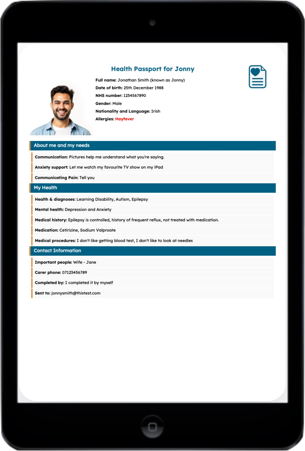 One-page health summary shown on a tablet